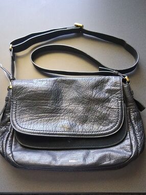 Fossil Black Pebbeled Leather Crossbody Purse Brass Hardware